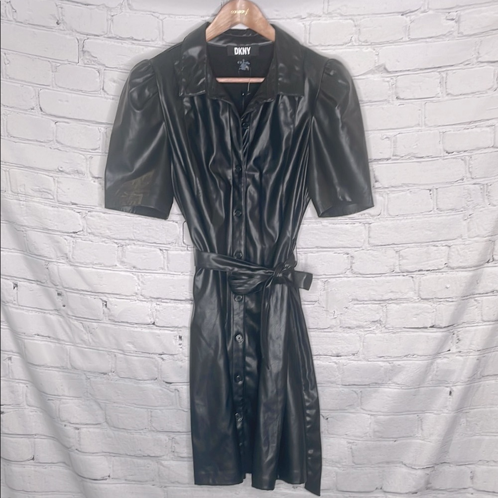 DKNY Black Faux Leather Button Down Belt Tie Short Sleeve Collared Shirt Dress